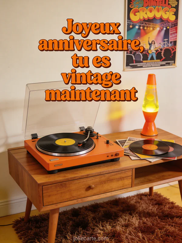 Illustration d'un tourne-disque vintage orange avec vinyles et lava lamp dans un salon rétro années 70 et le texte Tu es vintage maintenant