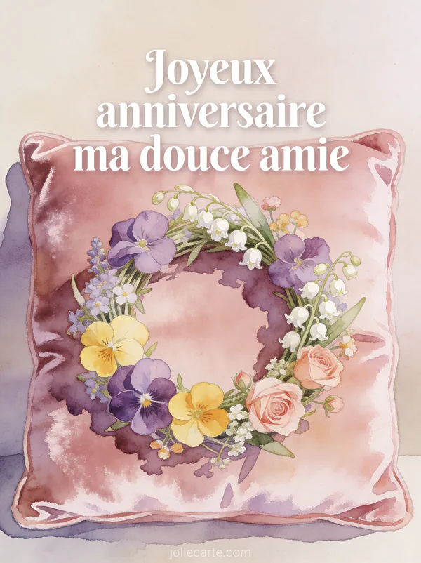 Couronne de violettes primevères muguet et petites roses sur coussin velours rose illustration aquarelle texte anniversaire amie