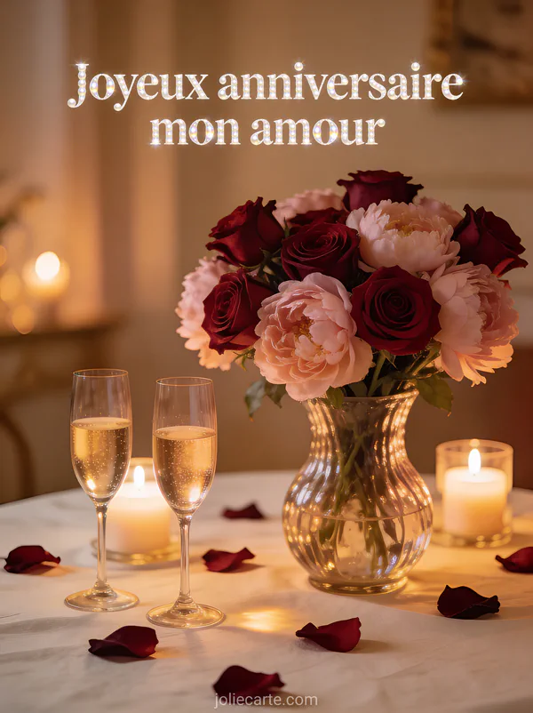 Bouquet de roses rouges et pivoines roses avec deux verres de champagne et bougies sur nappe en lin et le texte Joyeux anniversaire mon amour