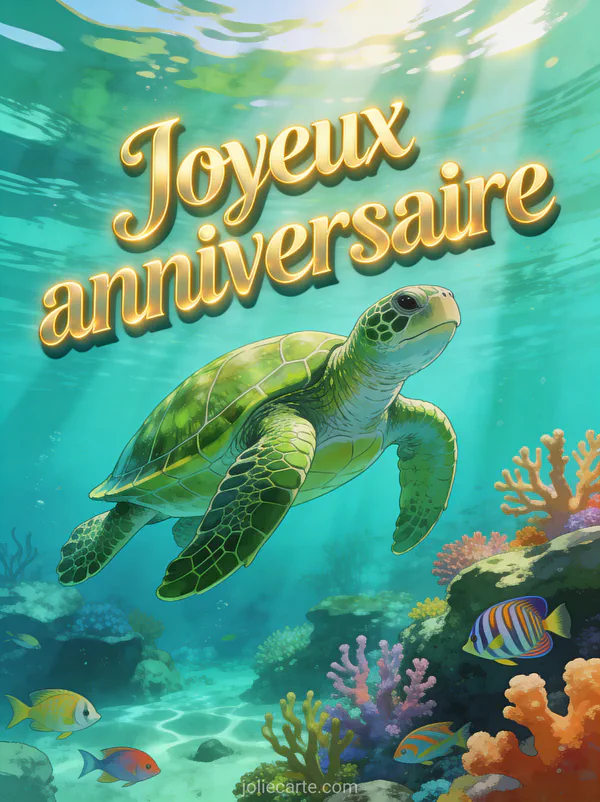 Tortue de mer verte nageant dans une eau cristalline turquoise avec coraux et rayons de soleil et le texte Joyeux anniversaire