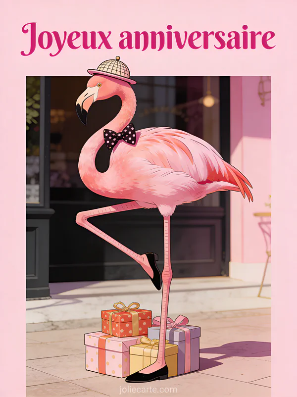 Flamant rose avec chapeau melon et nœud papillon à pois cadeaux à ses pieds illustration drôle texte Joyeux anniversaire