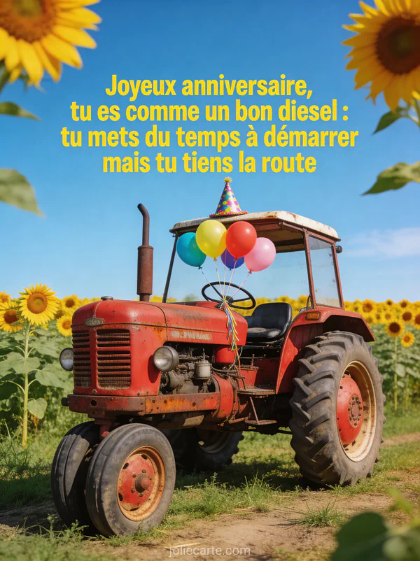 Illustration d'un tracteur rouge avec ballons et chapeau de fête dans un champ de tournesols et le texte Joyeux anniversaire