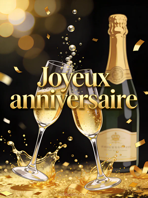 Deux coupes de champagne qui trinquent avec confettis dorés et bouteille millésimée sur fond noir avec le texte Joyeux anniversaire