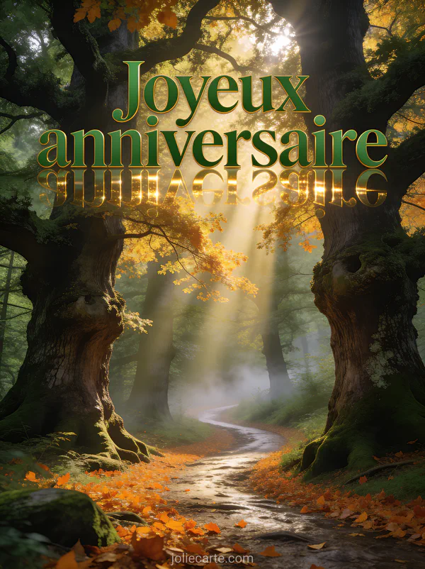 Chemin forestier bordĂ© de chĂȘnes centenaires aux feuillages dorĂ©s avec lumiĂšre filtrant et brume matinale et le texte Joyeux anniversaire