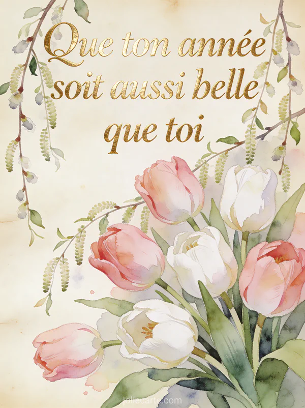 Tulipes roses et blanches aquarelle avec branches de saule sur fond parchemin crème texte Que ton année soit aussi belle que toi