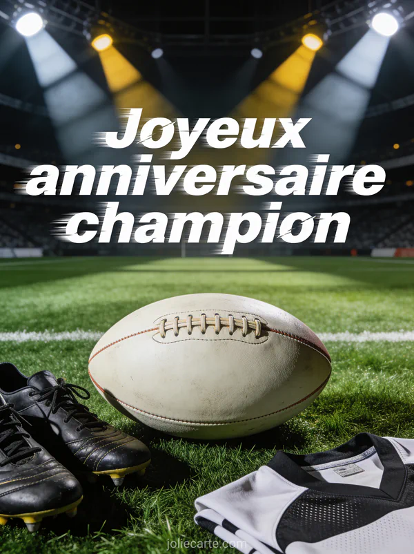 Illustration d'un ballon de rugby sur terrain vert avec crampons et projecteurs de stade et le texte Joyeux anniversaire champion