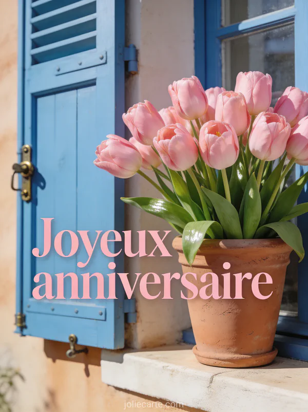 Tulipes roses dans pot terre cuite sur rebord fenêtre provençal volets bleus lumière chaude texte Joyeux anniversaire