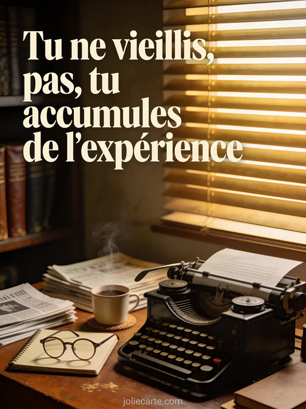 Machine à écrire vintage sur bureau avec lunettes rondes tasse de café et journaux et le texte Tu ne vieillis pas tu accumules de l'expérience