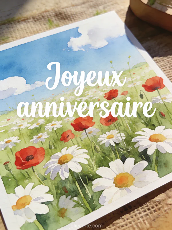 Champ de marguerites et coquelicots sous ciel bleu illustration aquarelle printanière texte Joyeux anniversaire