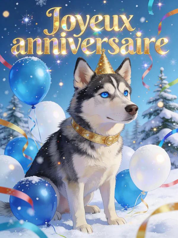 Illustration d'un chien husky aux yeux bleus avec collier de fête et ballons dans la neige avec le texte Joyeux anniversaire