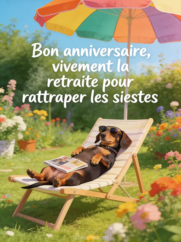 Illustration d'un chien teckel allongé dans un transat avec lunettes de soleil dans un jardin fleuri et le texte Bon anniversaire