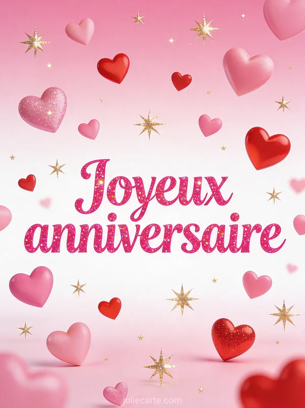 Cœurs roses et rouges flottant parmi étoiles dorées scintillantes illustration festive texte Joyeux anniversaire