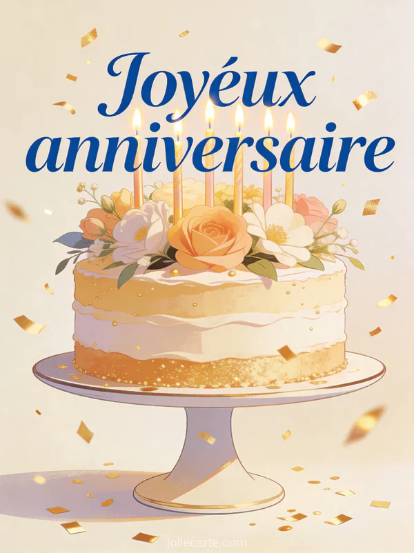 Illustration d'un caméléon coloré arc-en-ciel avec chapeau de fête doré sur une branche tropicale et le texte Joyeux anniversaire