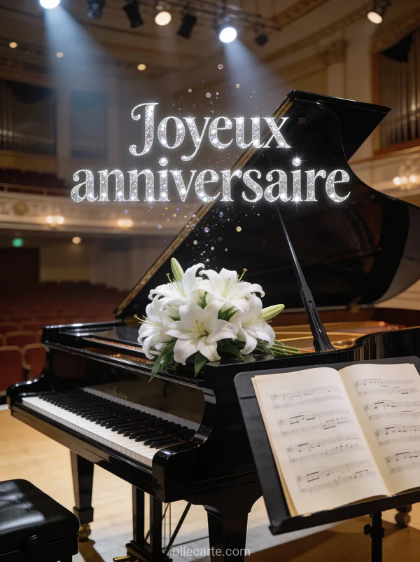 Piano à queue noir laqué avec lys blancs et partitions dans une salle de concert avec le texte Joyeux anniversaire