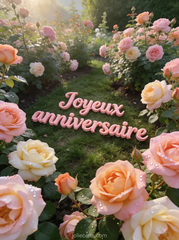 Roses David Austin rose pâle abricot et crème vues du dessus en pleine floraison rosée sur pétales texte Joyeux anniversaire