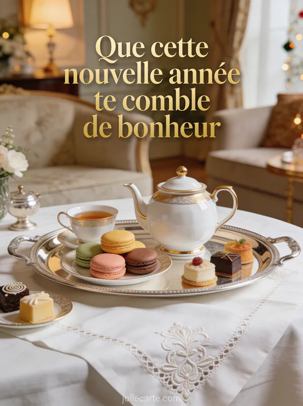 Service à thé en porcelaine et or avec macarons et petits fours sur plateau argent et le texte Que cette nouvelle année te comble de bonheur
