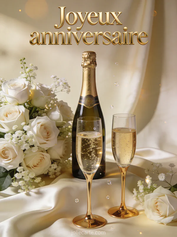 Bouteille de champagne flûtes dorées roses blanches et gypsophile sur nappe satinée ivoire texte Joyeux anniversaire