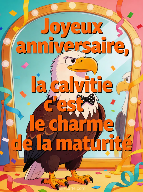 Illustration d'un aigle chauve avec nœud papillon à pois posant devant un miroir avec confettis et le texte Joyeux anniversaire