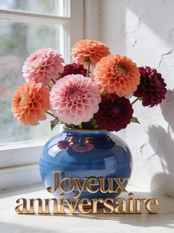 Dahlias pompon roses corail et bordeaux dans vase céramique bleue lumière naturelle texte Joyeux anniversaire