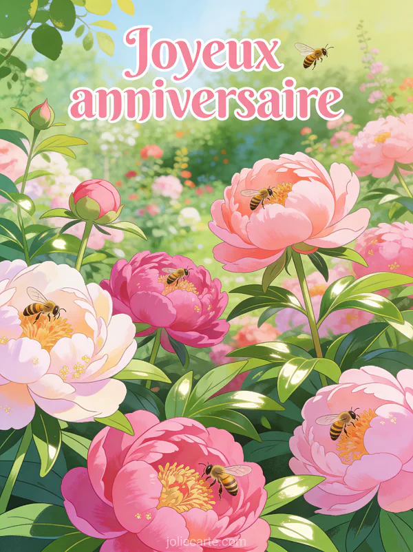 Jardin de pivoines luxuriantes rose pâle à fuchsia avec abeilles butinant illustration botanique texte Joyeux anniversaire