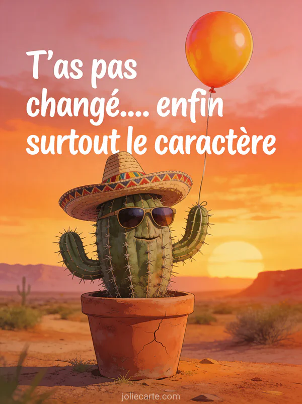 Illustration d'un cactus avec sombrero et lunettes de soleil et ballon d'anniversaire dans un désert et le texte T'as pas changé