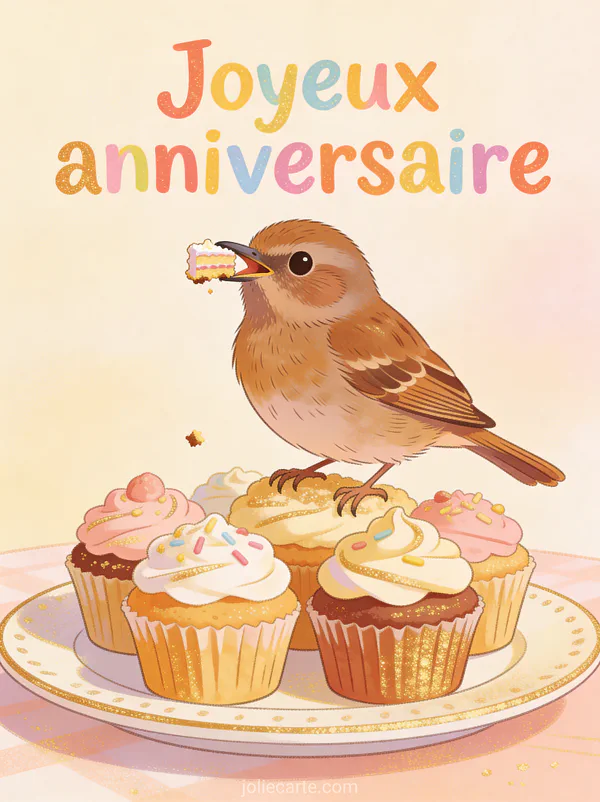 Moineau avec miette de gâteau dans le bec posé sur assiette de cupcakes décorés illustration texte Joyeux anniversaire