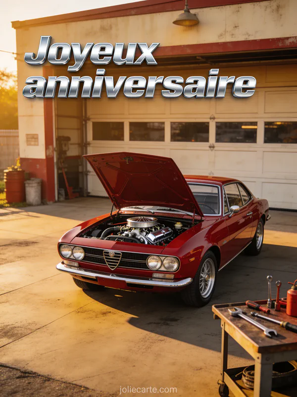 Voiture de collection rouge des années 60 devant un garage vintage avec moteur chrome et le texte Joyeux anniversaire