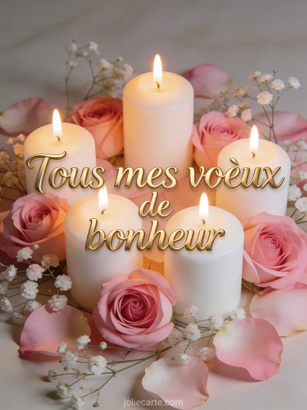 Bougies parfumées roses et blanches allumées entourées de pétales de roses et gypsophile texte Tous mes vœux de bonheur