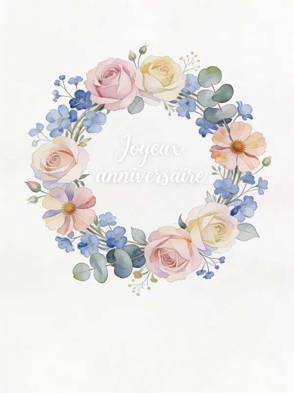 Couronne florale ronde de roses pastel cosmos bleuets et eucalyptus illustration aquarelle fond blanc texte Joyeux anniversaire
