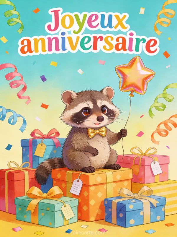Raton laveur avec nœud papillon doré tenant ballon étoile sur pile de cadeaux illustration amusante texte Joyeux anniversaire