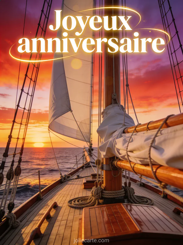 Coucher de soleil sur l'océan vu depuis le pont d'un voilier avec voiles déployées et le texte Joyeux anniversaire