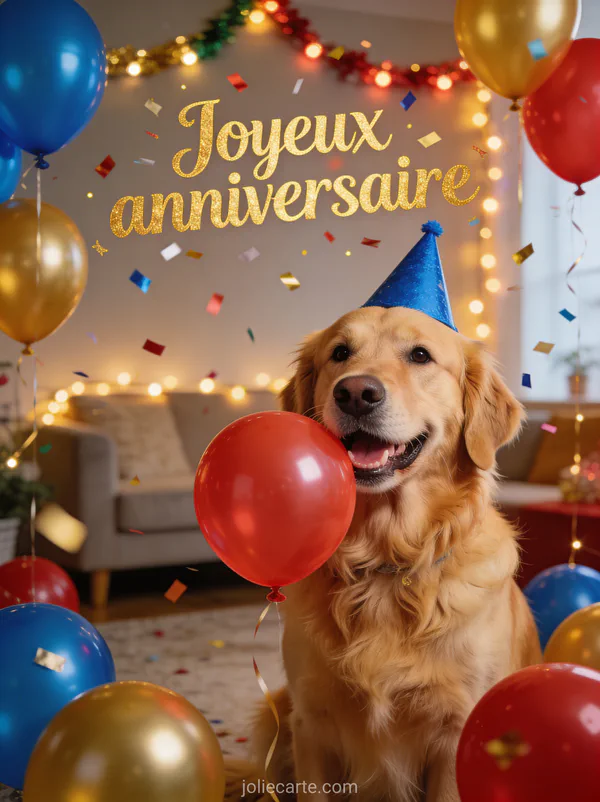 Golden retriever souriant avec chapeau de fĂȘte et ballons colorĂ©s dans un salon festif dĂ©corĂ© avec le texte Joyeux anniversaire