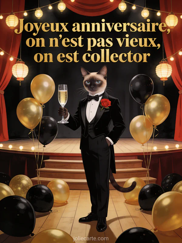 Illustration d'un chat siamois en smoking avec champagne et ballons dorés et noirs sur scène de cabaret et le texte On n'est pas vieux on est collector