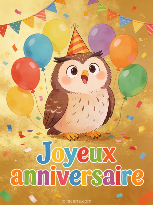 Chouette chevêche avec chapeau pointu entourée de ballons multicolores et guirlandes illustration amusante texte Joyeux anniversaire