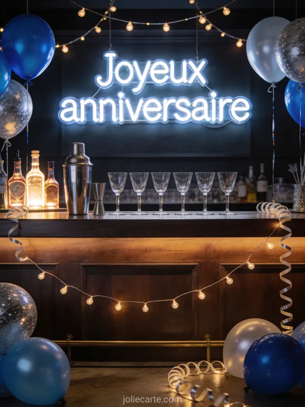 Bar à cocktails élégant avec shakers chromés ballons bleus et argentés et guirlandes lumineuses et le texte Joyeux anniversaire