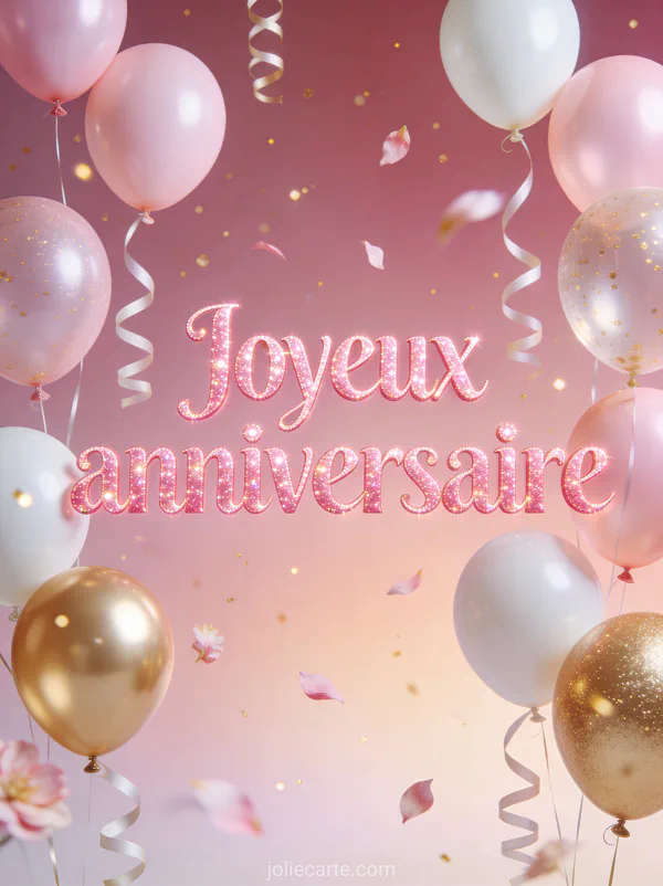 Ballons roses pastel blancs et dorés flottant avec pétales virevoltant illustration festive scintillante texte Joyeux anniversaire