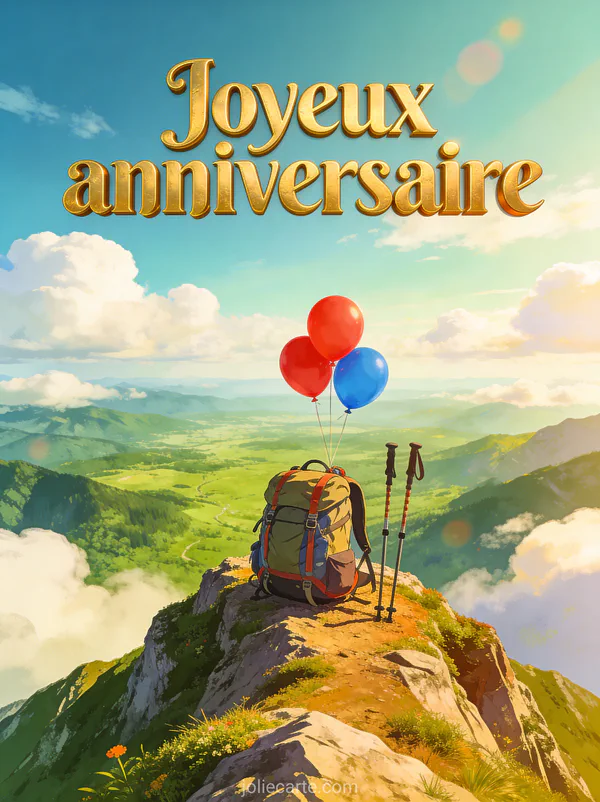 Sac à dos de randonnée au sommet d'une montagne avec vue panoramique et ballons colorés et le texte Joyeux anniversaire