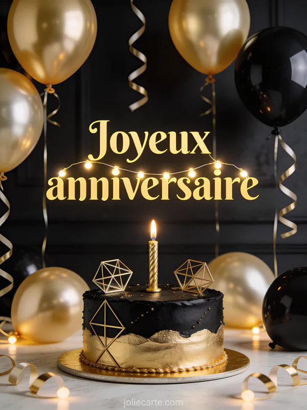 Gâteau d'anniversaire noir et or avec décorations géométriques et ballons dorés et noirs et le texte Joyeux anniversaire