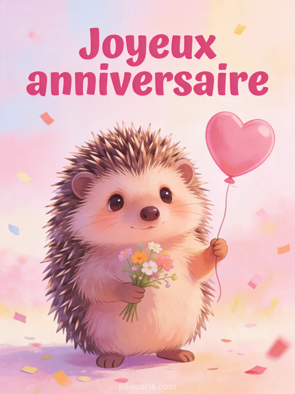Hérisson tenant bouquet de fleurs sauvages avec ballon cœur rose illustration tendre et amusante texte Joyeux anniversaire