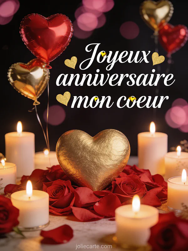 Cœur en or sur pétales de roses rouges avec ballons cœur rouges et dorés et bougies et le texte Joyeux anniversaire mon cœur