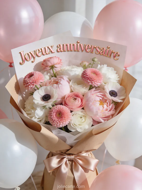 Bouquet de renoncules pivoines et anémones dans papier kraft avec ballons roses et blancs texte Joyeux anniversaire