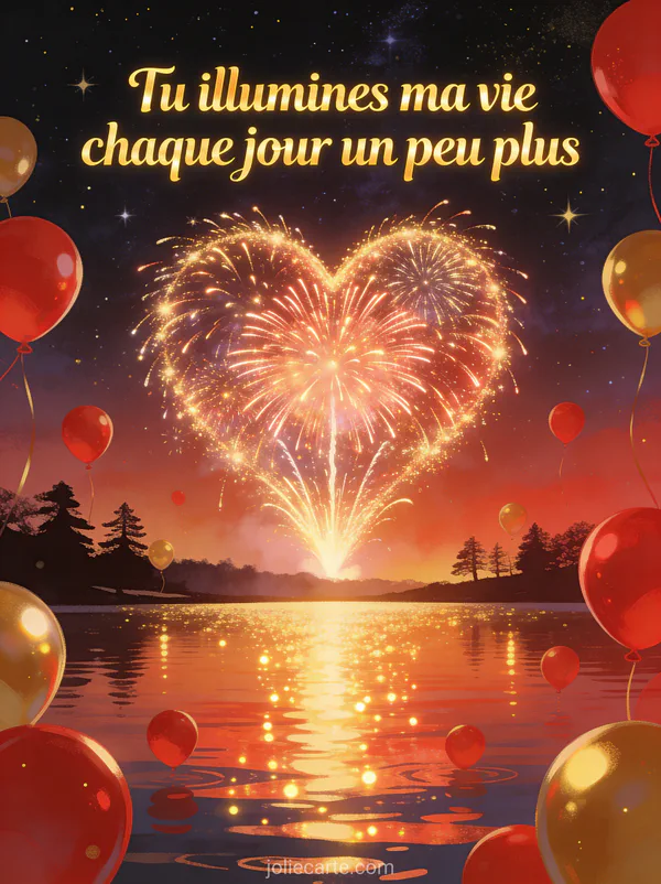 Feu d'artifice en forme de cœur dans un ciel étoilé avec ballons et reflets sur un lac et le texte Tu illumines ma vie