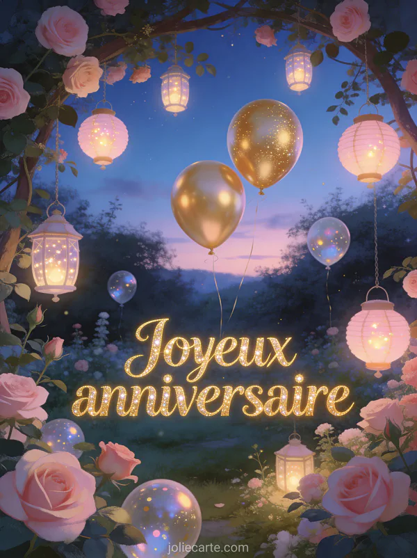 Jardin au crépuscule avec rosiers lampions lumineux et ballons dorés flottant illustration féerique texte Joyeux anniversaire