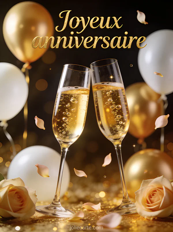 Deux coupes de champagne trinquant avec bulles ballons dorés et blancs pétales de rose fond sombre bokeh texte Joyeux anniversaire