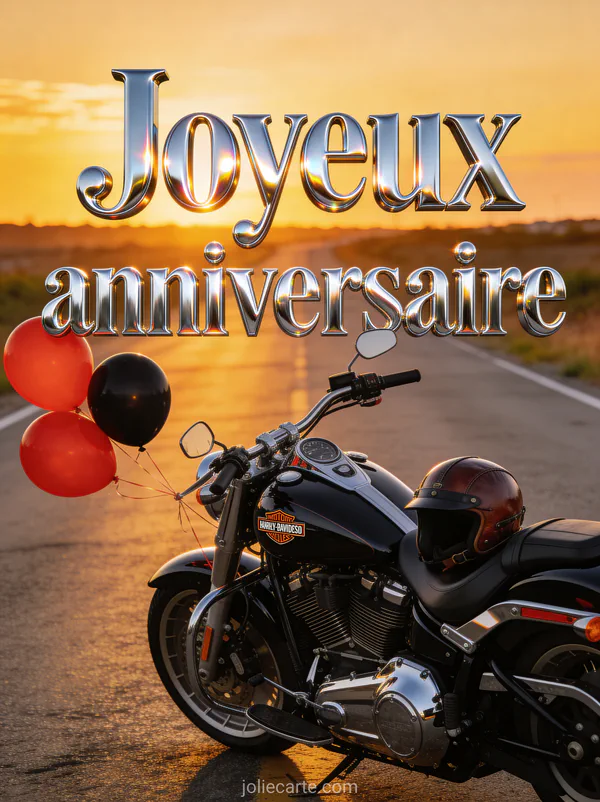Moto Harley noire sur une route au coucher du soleil avec casque en cuir et ballons rouges et noirs et le texte Joyeux anniversaire
