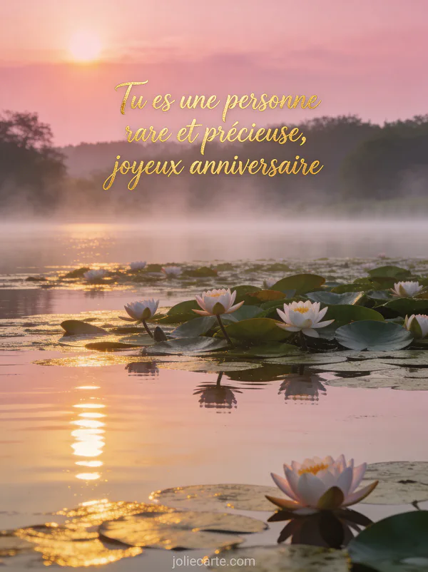 Lever de soleil rosé sur lac calme avec nénuphars en fleurs et brume matinale texte touchant anniversaire
