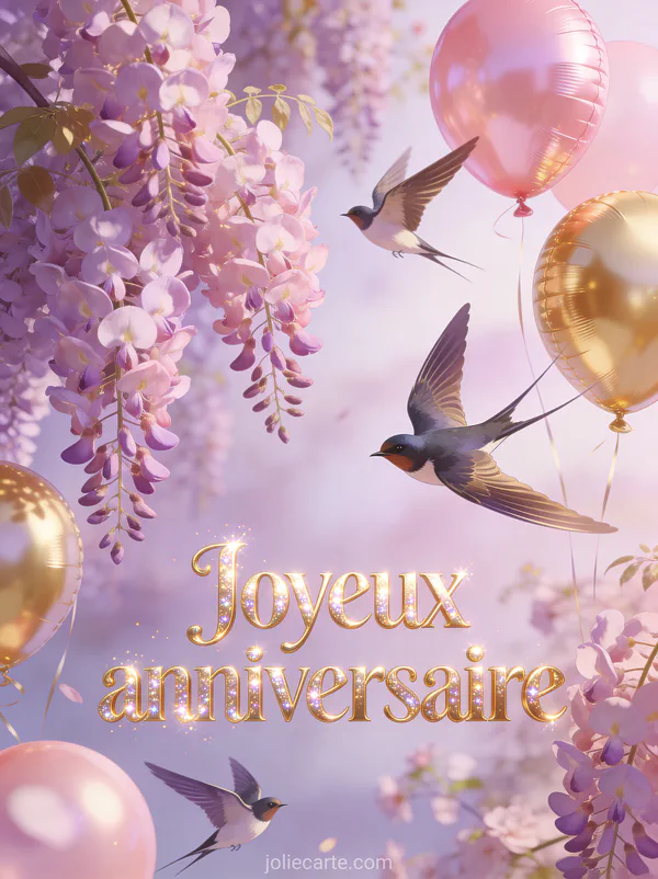 Hirondelles volant parmi glycine et ballons roses et dorés illustration printanière texte Joyeux anniversaire