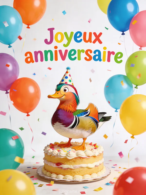 Canard mandarin avec chapeau de fête entouré de ballons et confettis sur gâteau illustration amusante texte Joyeux anniversaire