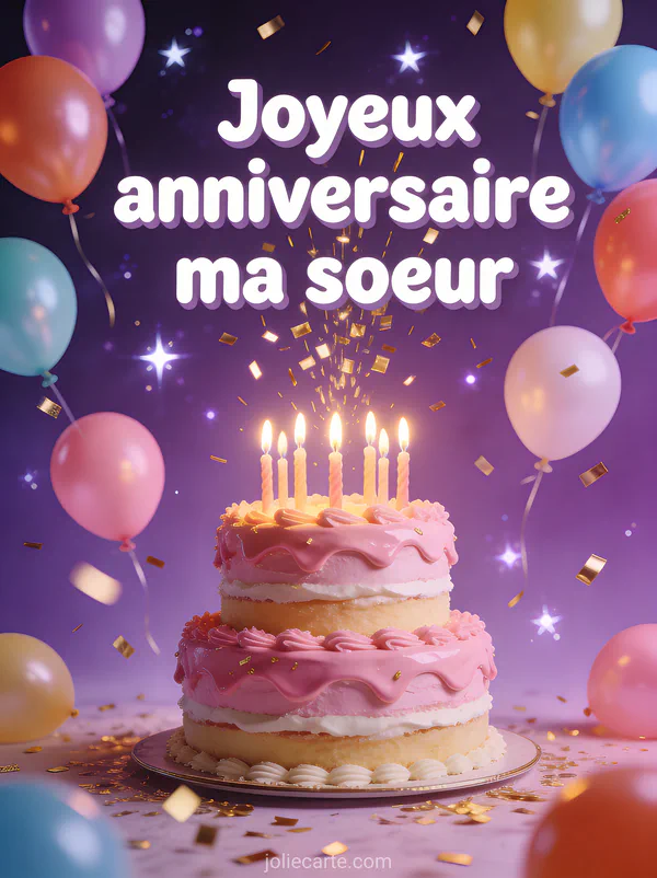 Carte anniversaire festive avec gâteau à étages rose, ballons multicolores et confettis dorés sur fond violet