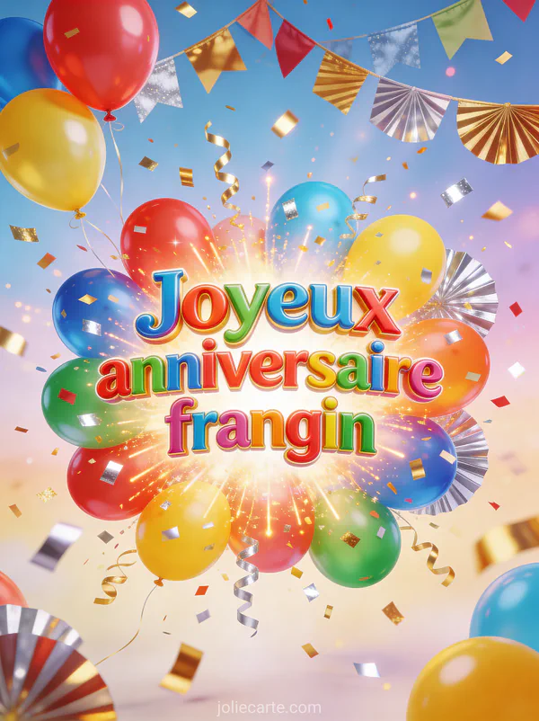 Explosion de ballons multicolores avec confettis dorés et argentés, guirlandes festives et texte Joyeux anniversaire frangin